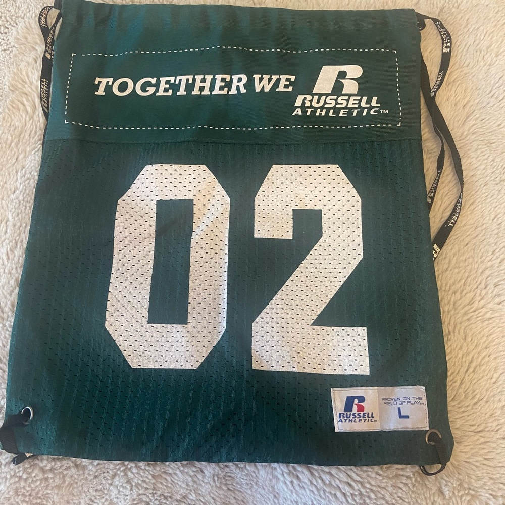 Russell green Jersey drawstring bag.